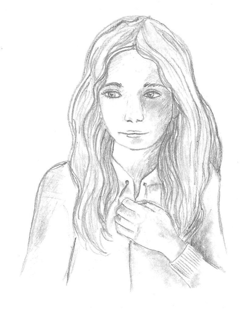 A pencil drawing of a girl with long hair.